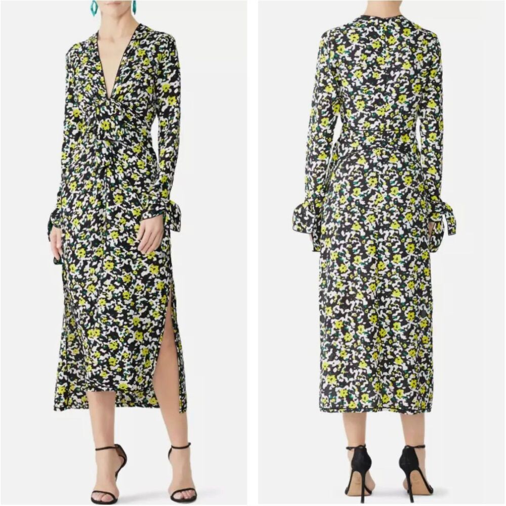 Proenza Schouler Floral Knot Dress Black Yellow Green Side‎ Slits Size 0